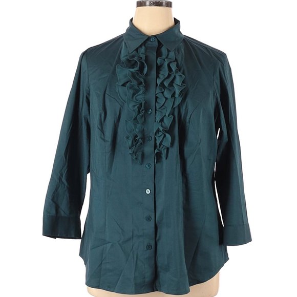 ELOQUII Size 16 Teal Ruffled Button Down Shirt - Picture 1 of 2